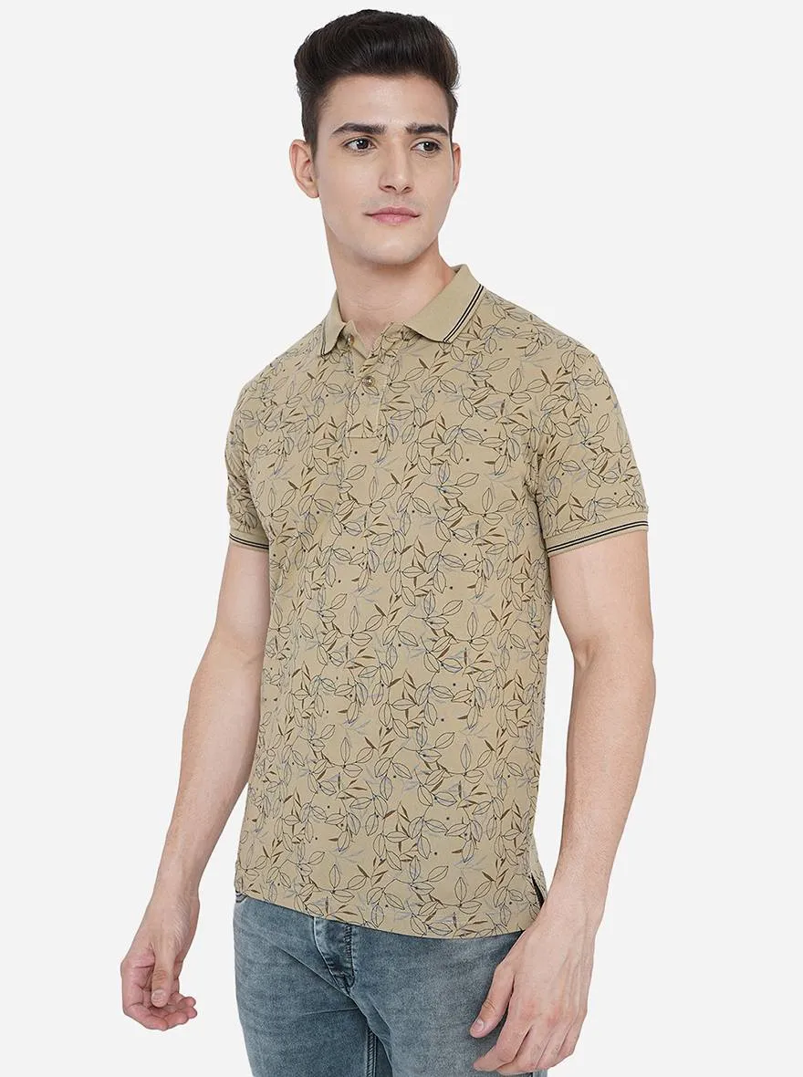 Khaki Printed Slim Fit Polo T-Shirt | Greenfibre