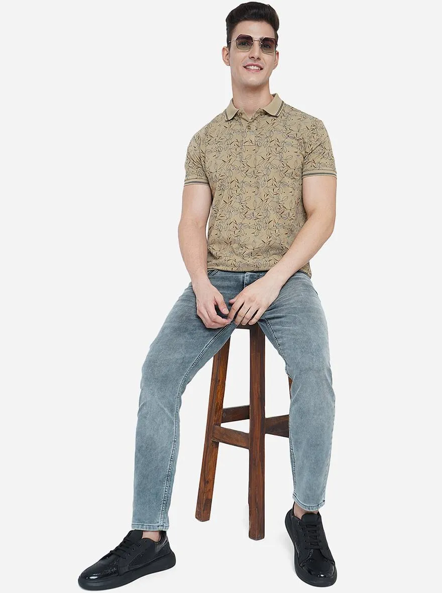 Khaki Printed Slim Fit Polo T-Shirt | Greenfibre