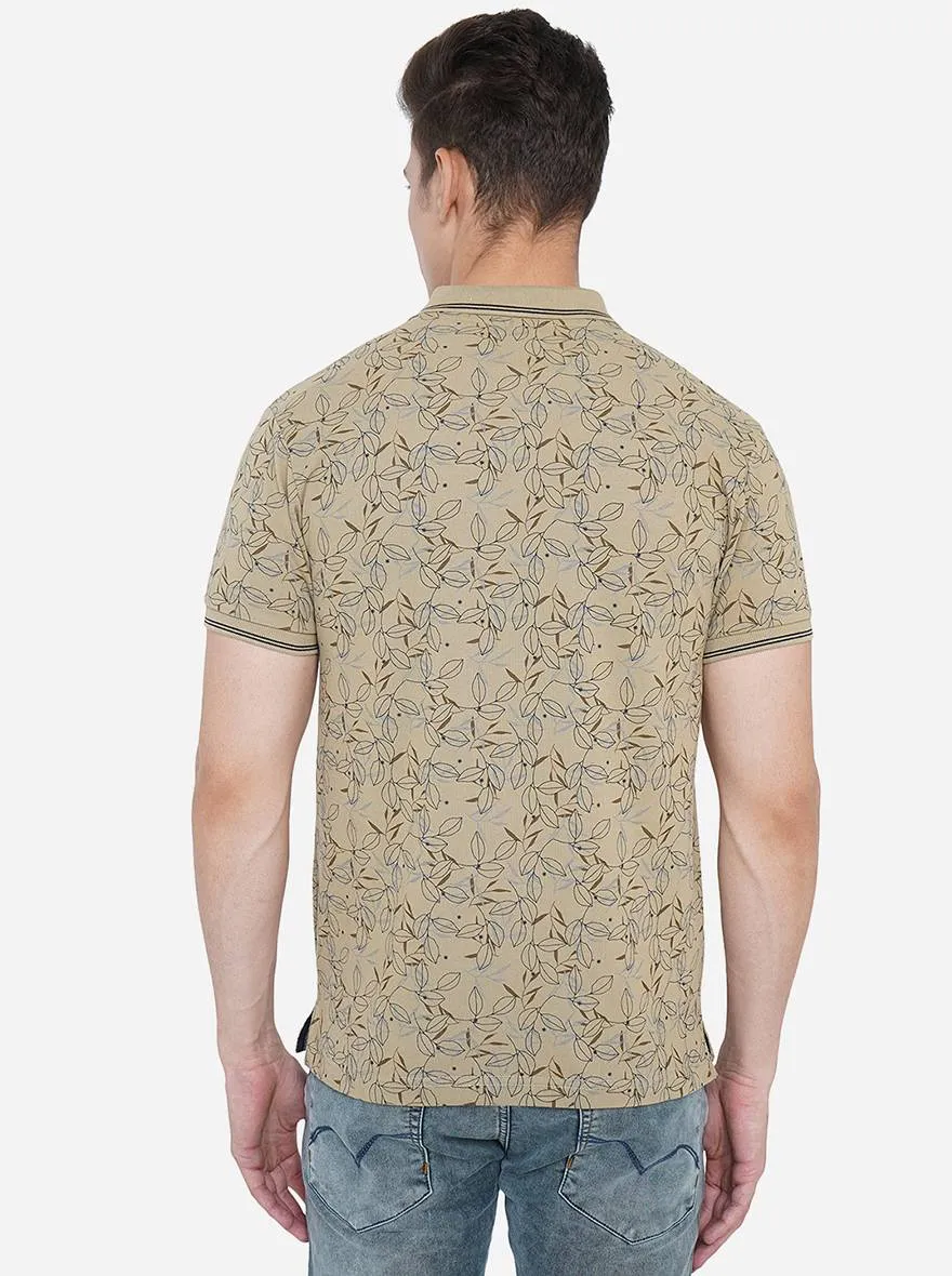 Khaki Printed Slim Fit Polo T-Shirt | Greenfibre
