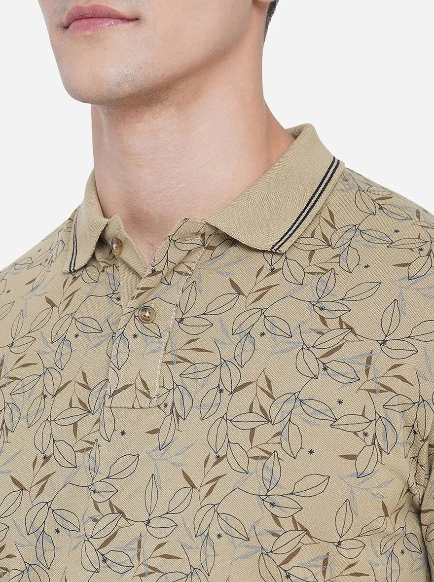 Khaki Printed Slim Fit Polo T-Shirt | Greenfibre