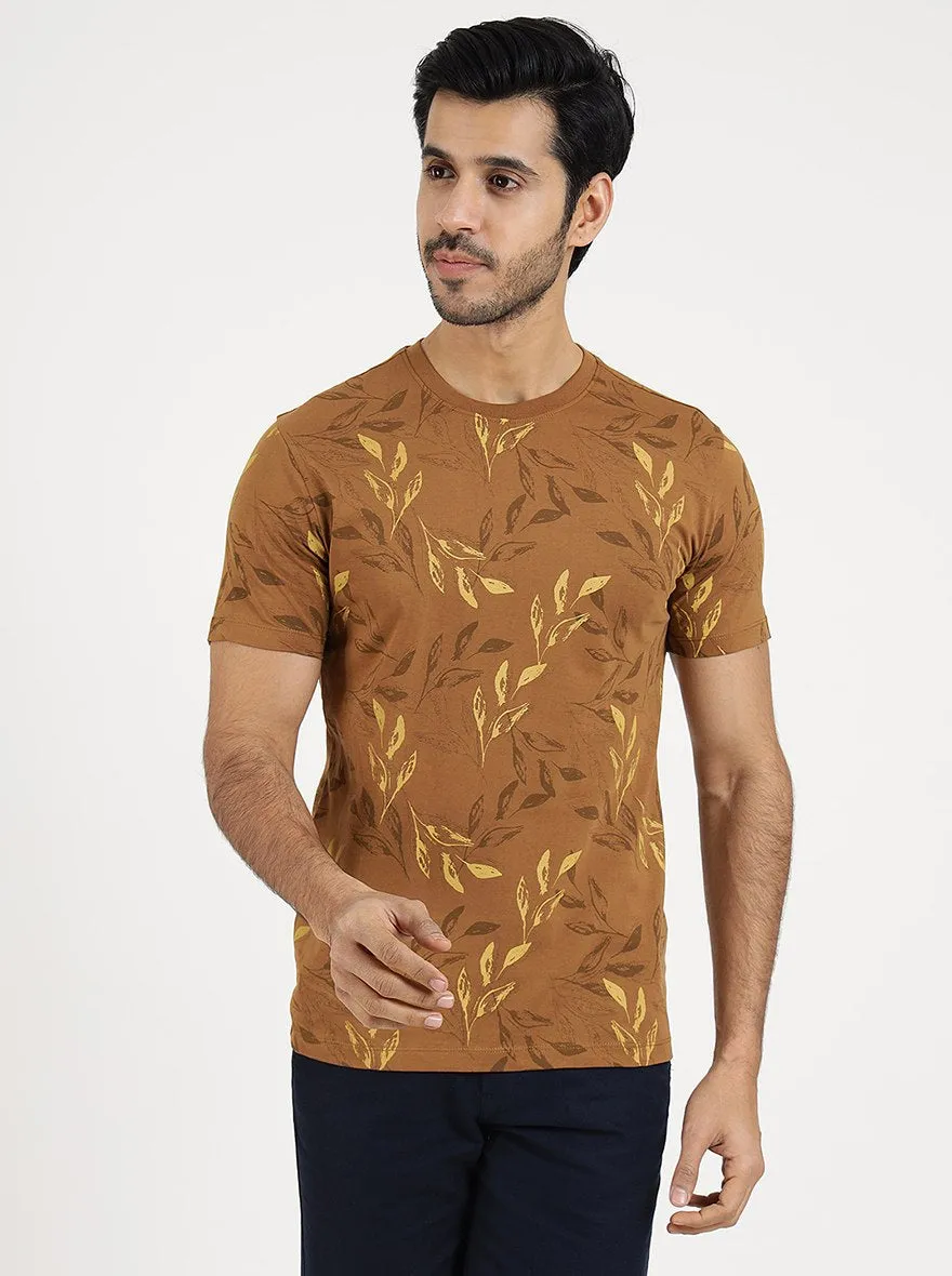 Khaki Printed Slim Fit T-Shirt | Greenfibre