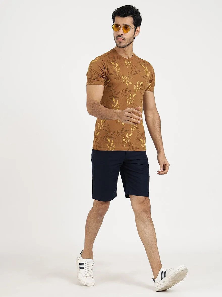Khaki Printed Slim Fit T-Shirt | Greenfibre