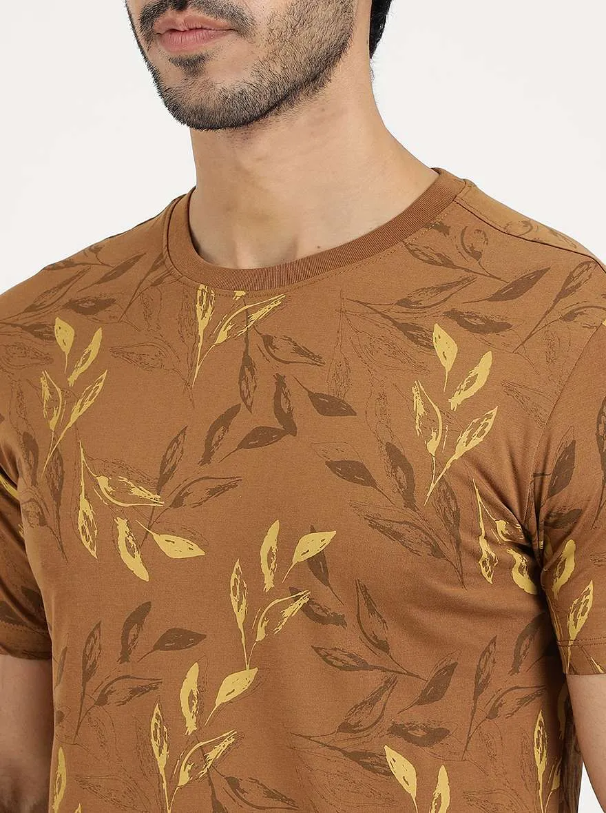Khaki Printed Slim Fit T-Shirt | Greenfibre