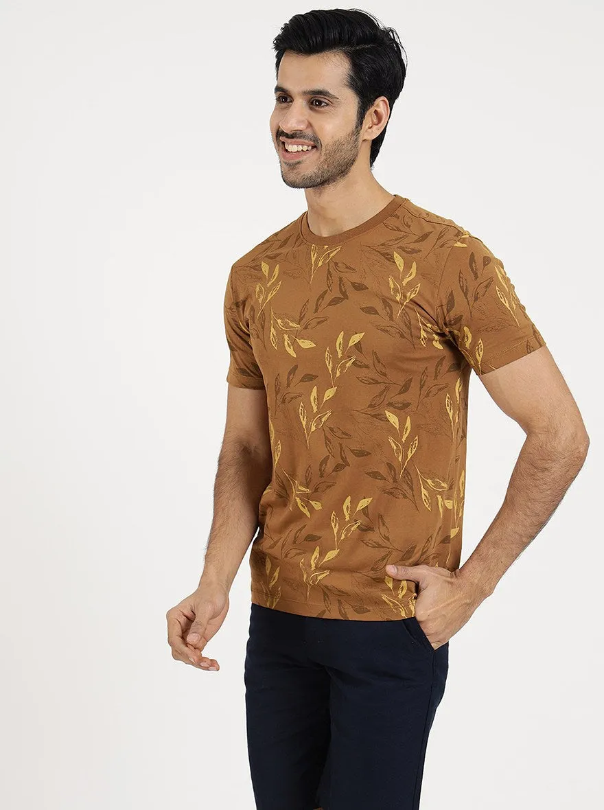 Khaki Printed Slim Fit T-Shirt | Greenfibre