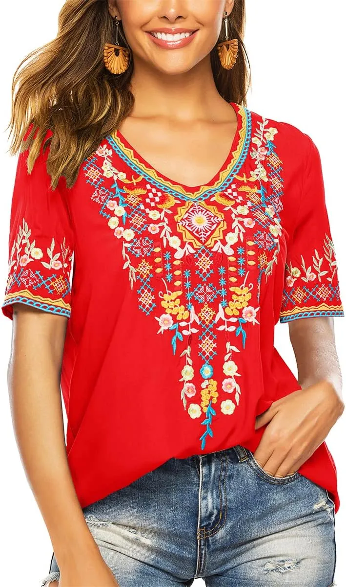 LauraKlein Womens Mexican Embroidered Tops for Women Boho Blouse for Women Summer Short Sleeve Floral Hippie Shirts Tunics