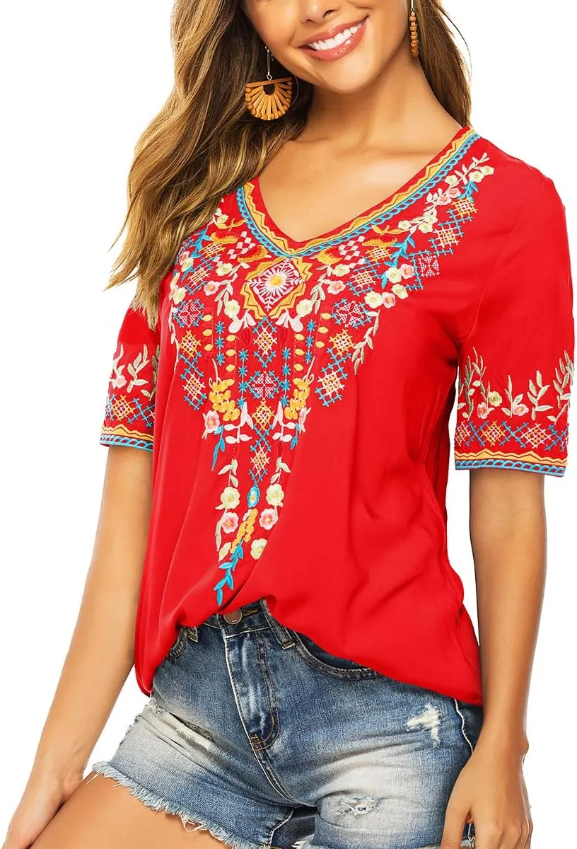 LauraKlein Womens Mexican Embroidered Tops for Women Boho Blouse for Women Summer Short Sleeve Floral Hippie Shirts Tunics
