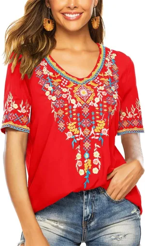LauraKlein Womens Mexican Embroidered Tops for Women Boho Blouse for Women Summer Short Sleeve Floral Hippie Shirts Tunics