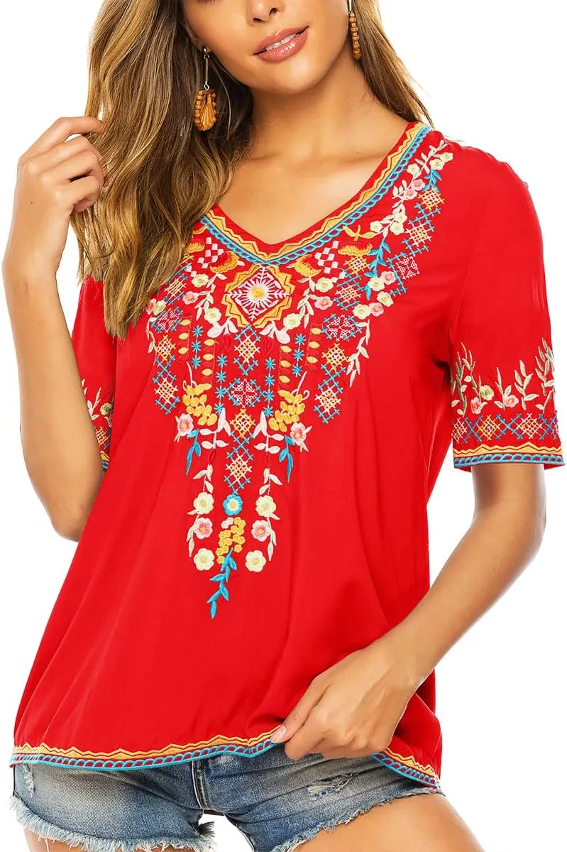 LauraKlein Womens Mexican Embroidered Tops for Women Boho Blouse for Women Summer Short Sleeve Floral Hippie Shirts Tunics