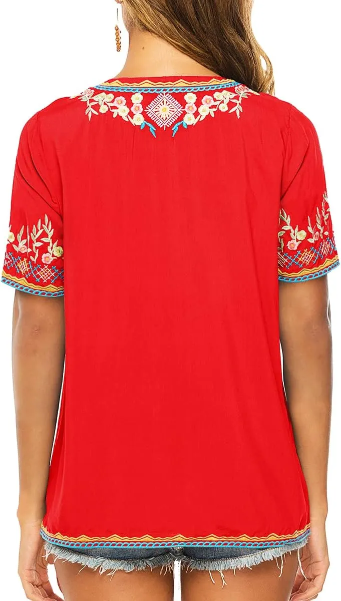 LauraKlein Womens Mexican Embroidered Tops for Women Boho Blouse for Women Summer Short Sleeve Floral Hippie Shirts Tunics