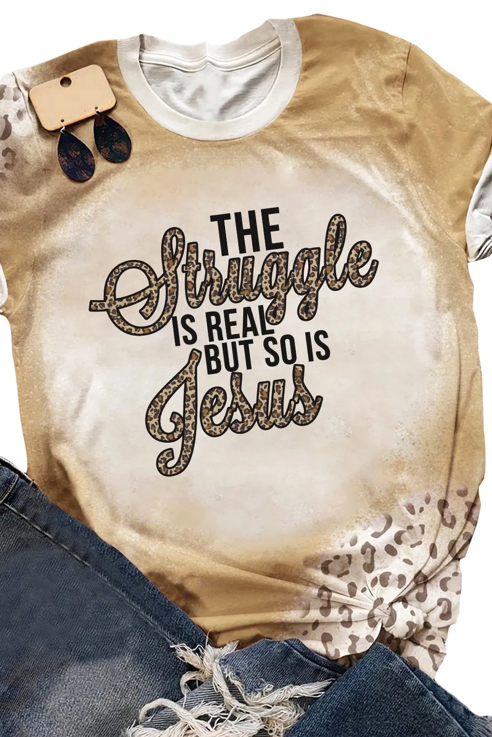 Letter Print Khaki Tie Dye Western Graphic Tee