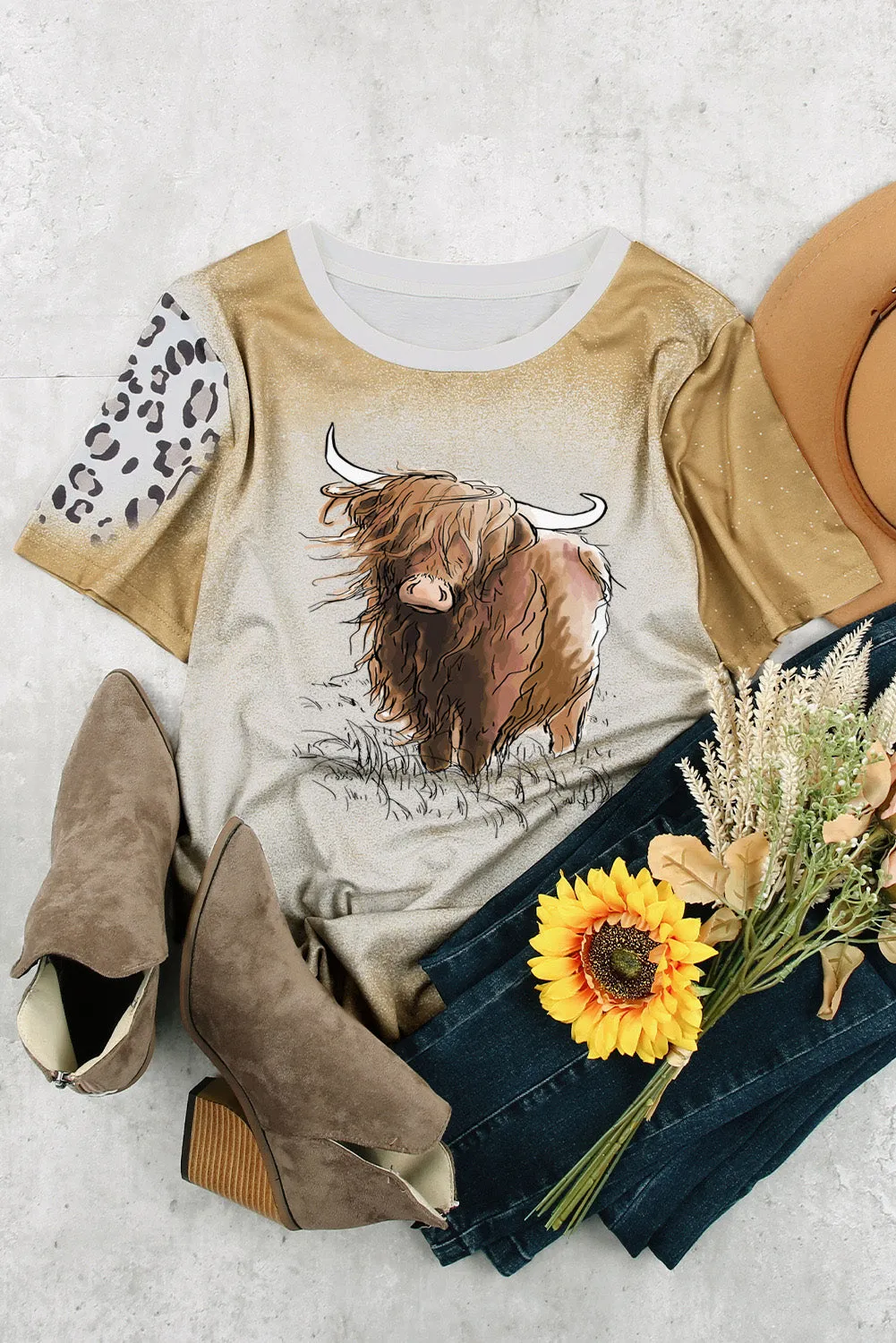 Letter Print Khaki Tie Dye Western Graphic Tee