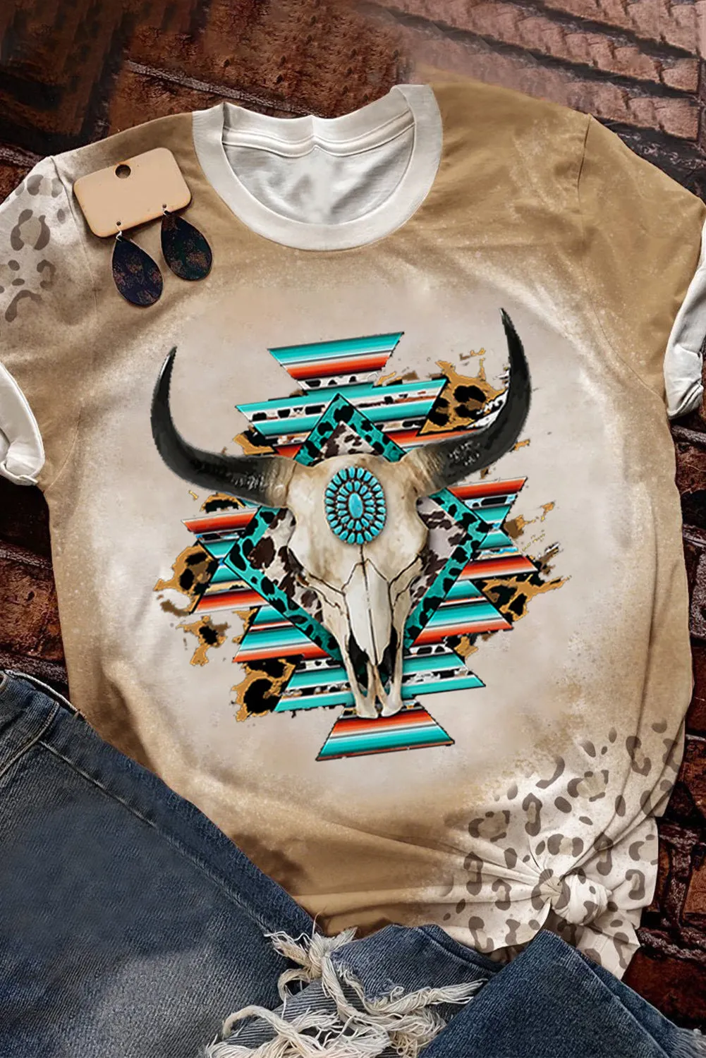Letter Print Khaki Tie Dye Western Graphic Tee