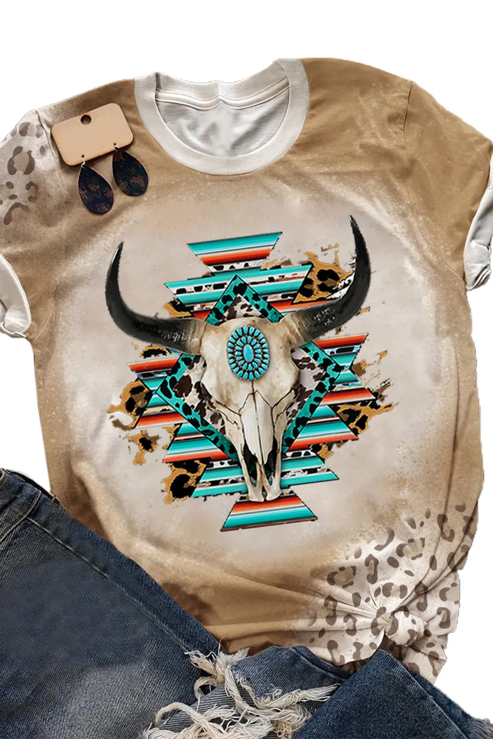 Letter Print Khaki Tie Dye Western Graphic Tee
