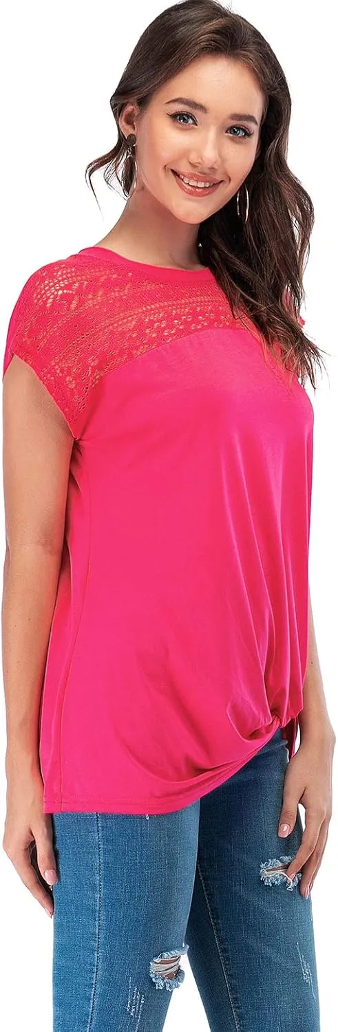 LUSMAY Womens Casual Short Sleeve Lace T Shirts Loose Twist Knot Front Blouse Tops