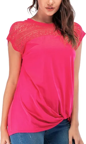 LUSMAY Womens Casual Short Sleeve Lace T Shirts Loose Twist Knot Front Blouse Tops
