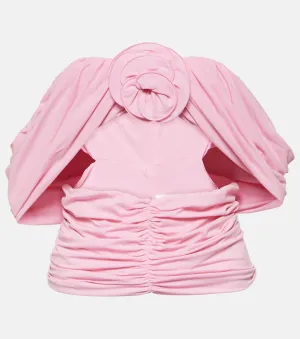Magda Butrym Off Shoulder Ruffle Top with Floral Applique, Pink