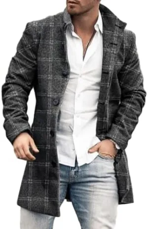 Mens Plaid Trench Coat Vintage Graphic Lapel Single Breasted Mid Long Jacket Coats Wool Blend Color Block Overcoat