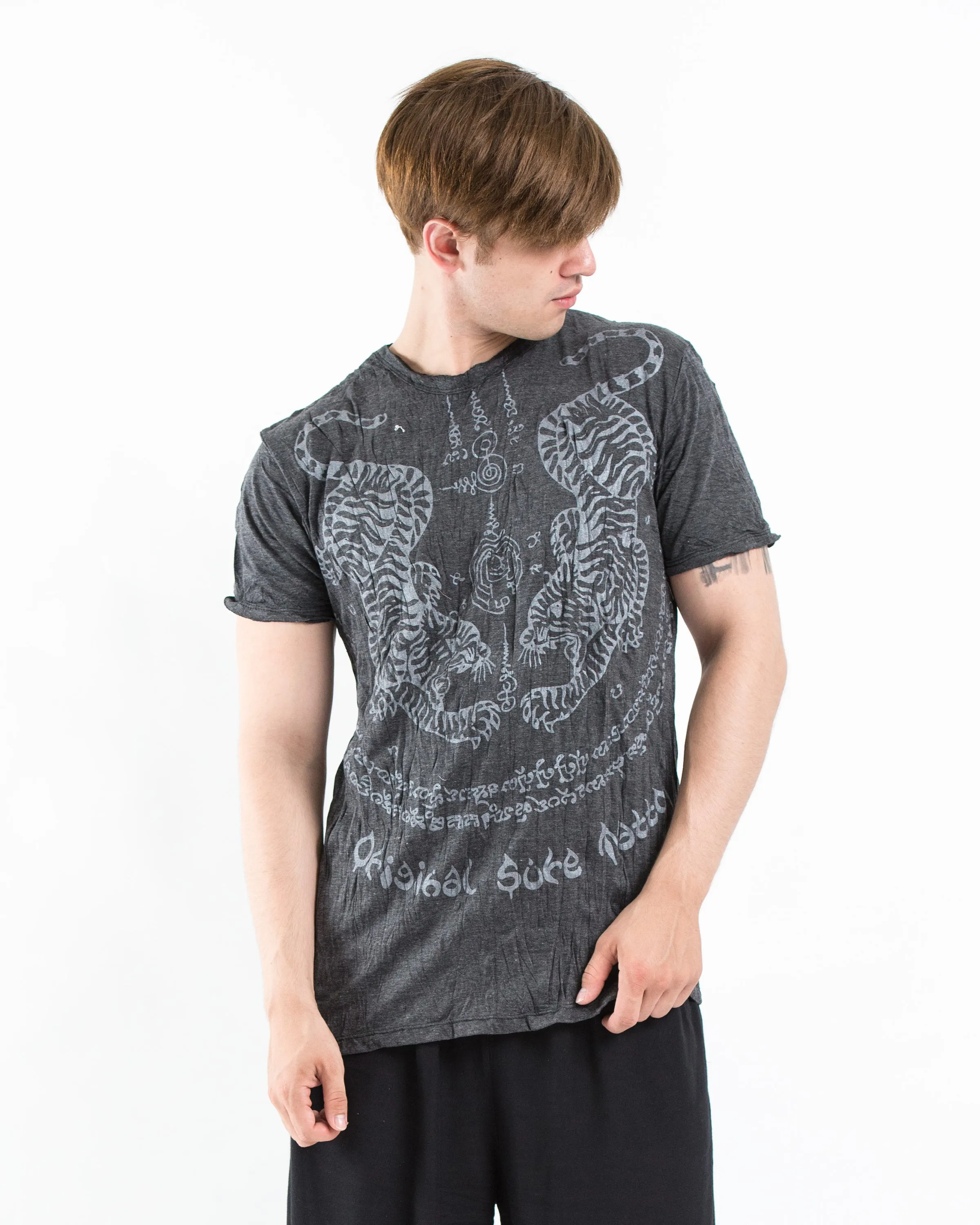 Mens Thai Tattoo T-Shirt in Silver on Black