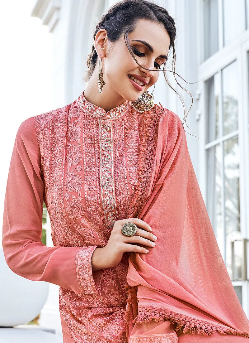 Peach Lucknowi Embroidered Pants Style Suit