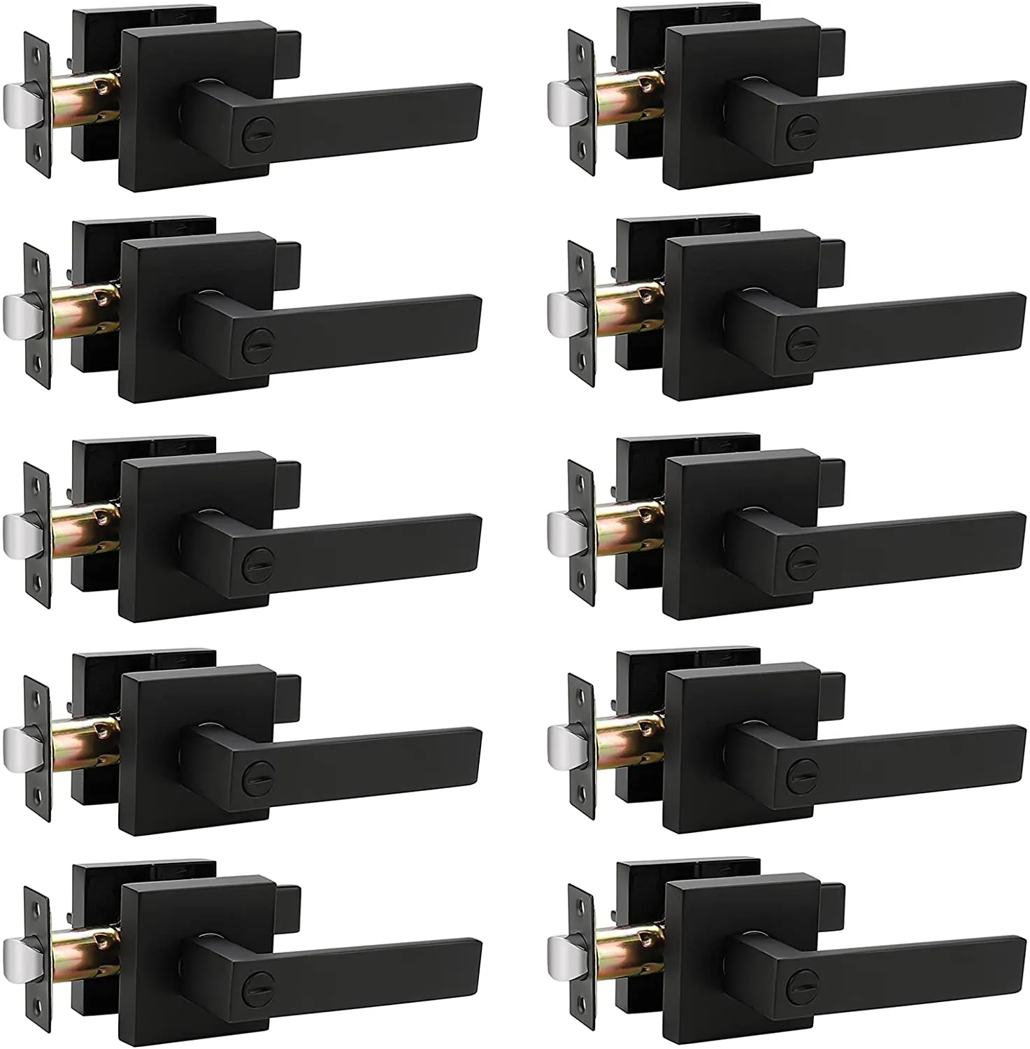 Probrico Heavy Duty Flat Black Square Privacy Lock Interior Door Levers Bedromm and Bathroom Door Handles Keyless Bed/Bath Lockset (10 Pack)