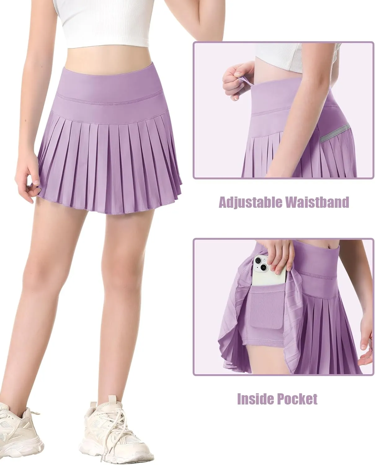 QooNoo Girls Skorts Tennis Skirts for Girls Pleated Athletic Skirt with Pockets Toddler High Waist Cheer Skirt Built-in Short