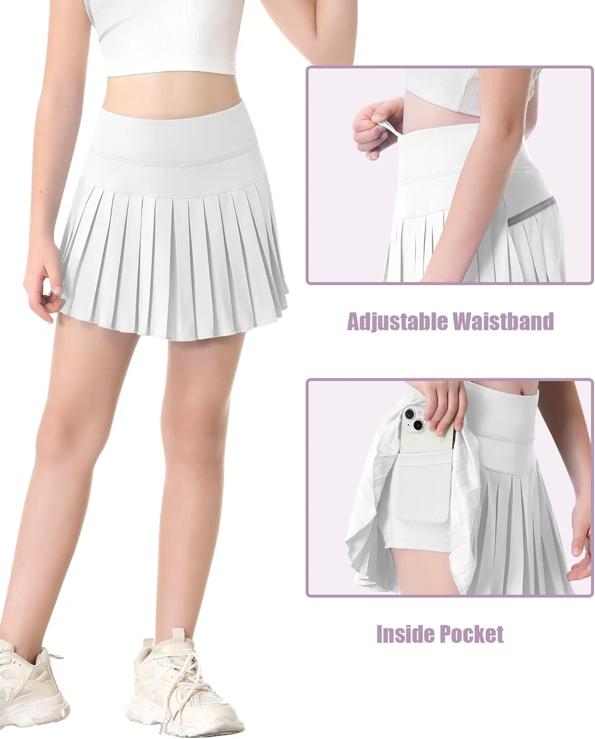 QooNoo Girls Skorts Tennis Skirts for Girls Pleated Athletic Skirt with Pockets Toddler High Waist Cheer Skirt Built-in Short