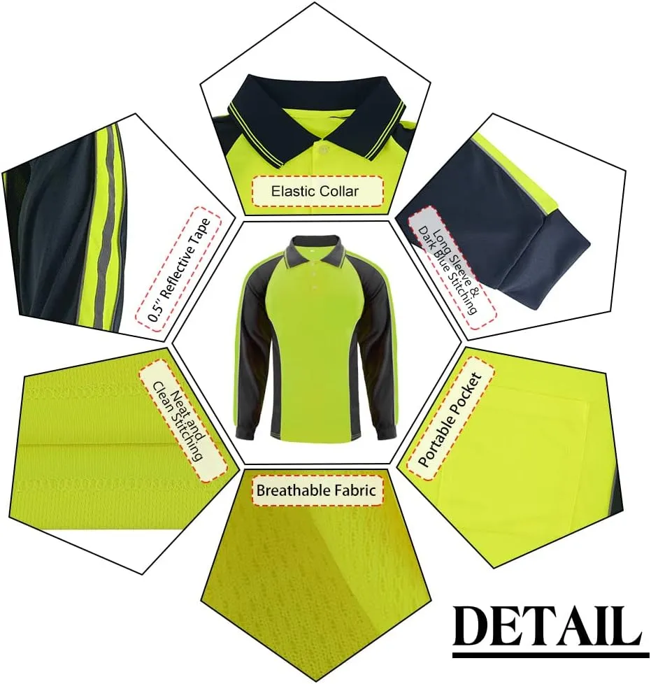 Safety Shirt High Visibility Short Long Sleeve Reflective Polo Shirts, Work T Shirts for Men Construction