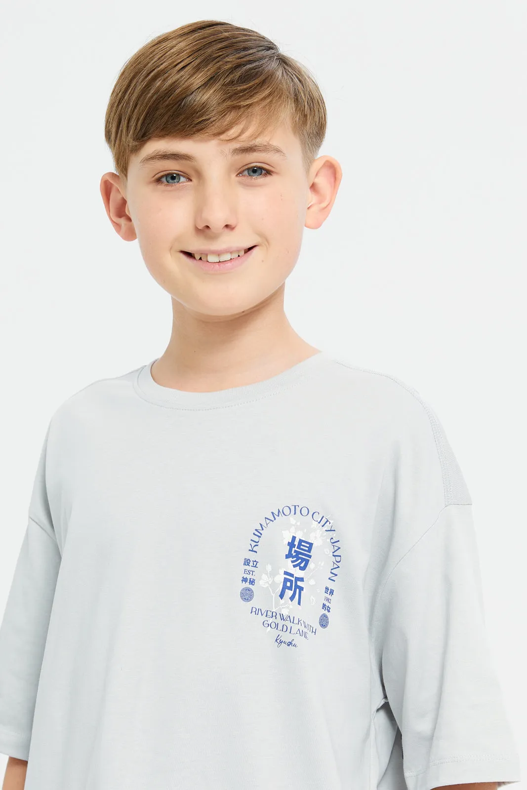 Senior Boys Grey Kumamoto City Name Oversize T-Shirt