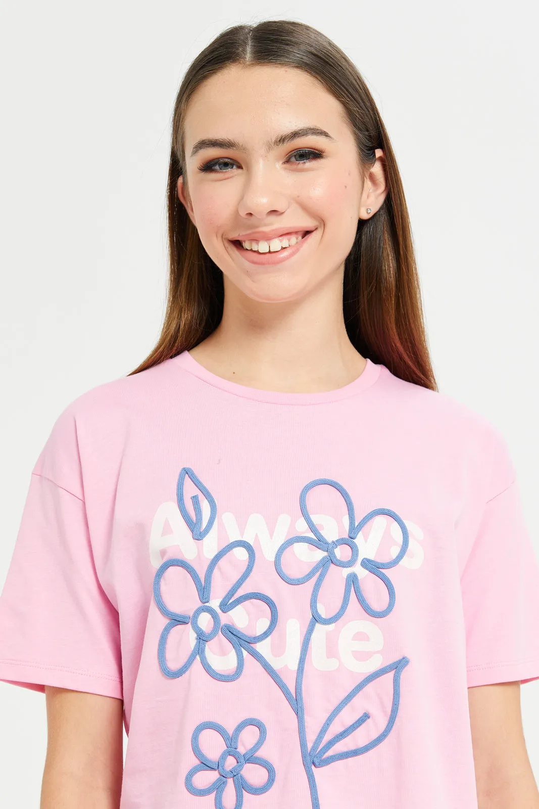 Senior Girls Pink Oversize Embellished T-Shirt