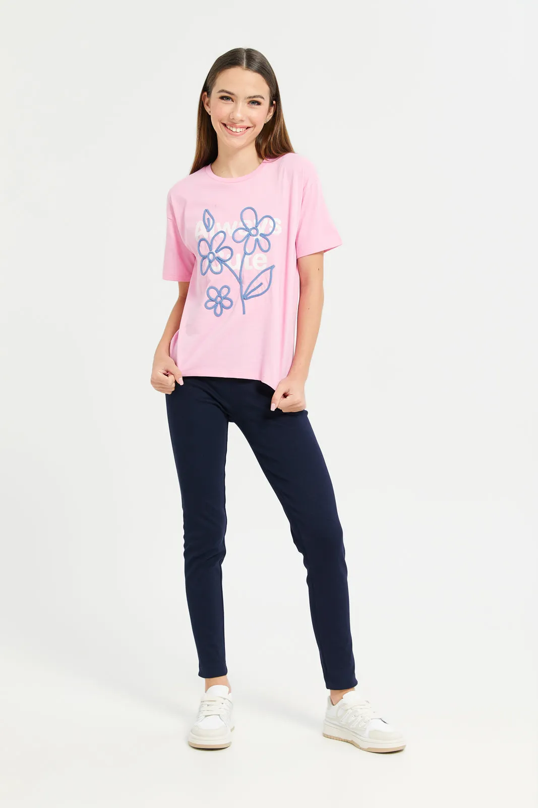 Senior Girls Pink Oversize Embellished T-Shirt