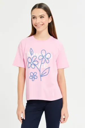 Senior Girls Pink Oversize Embellished T-Shirt