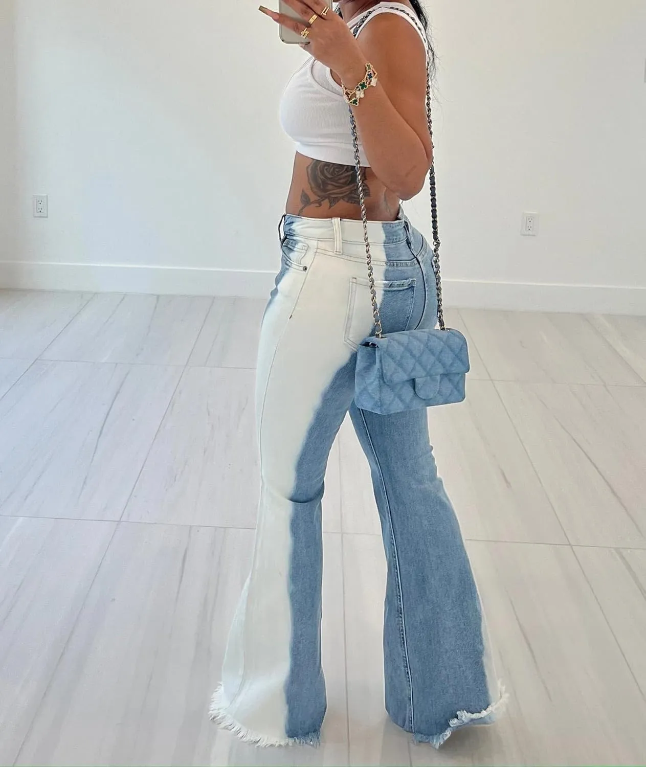 Sexyshine Women's Bell Bottom Jeans High Waist Distressed Tassel Raw Hem Gradient Color Block Flare Wide Leg Denim Pants
