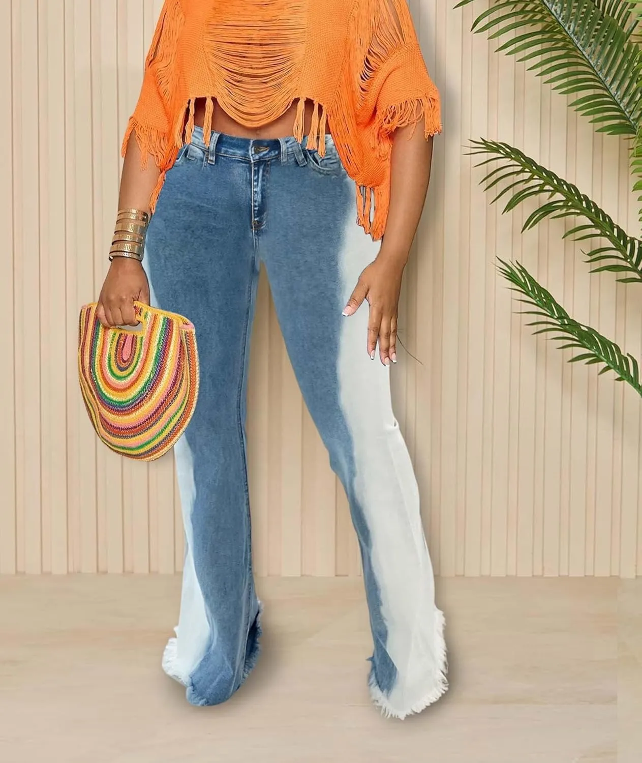 Sexyshine Women's Bell Bottom Jeans High Waist Distressed Tassel Raw Hem Gradient Color Block Flare Wide Leg Denim Pants