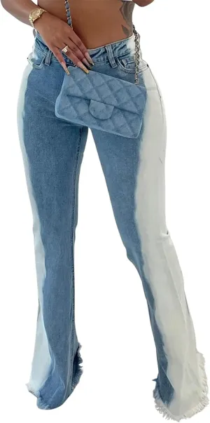 Sexyshine Women's Bell Bottom Jeans High Waist Distressed Tassel Raw Hem Gradient Color Block Flare Wide Leg Denim Pants