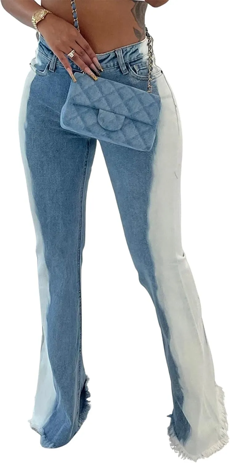 Sexyshine Women's Bell Bottom Jeans High Waist Distressed Tassel Raw Hem Gradient Color Block Flare Wide Leg Denim Pants