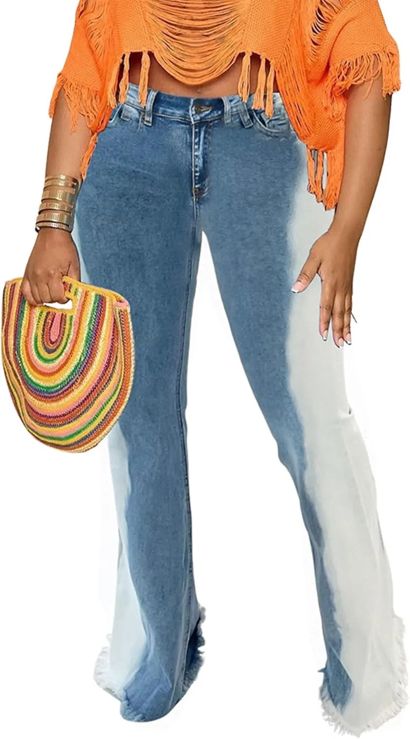 Sexyshine Women's Bell Bottom Jeans High Waist Distressed Tassel Raw Hem Gradient Color Block Flare Wide Leg Denim Pants