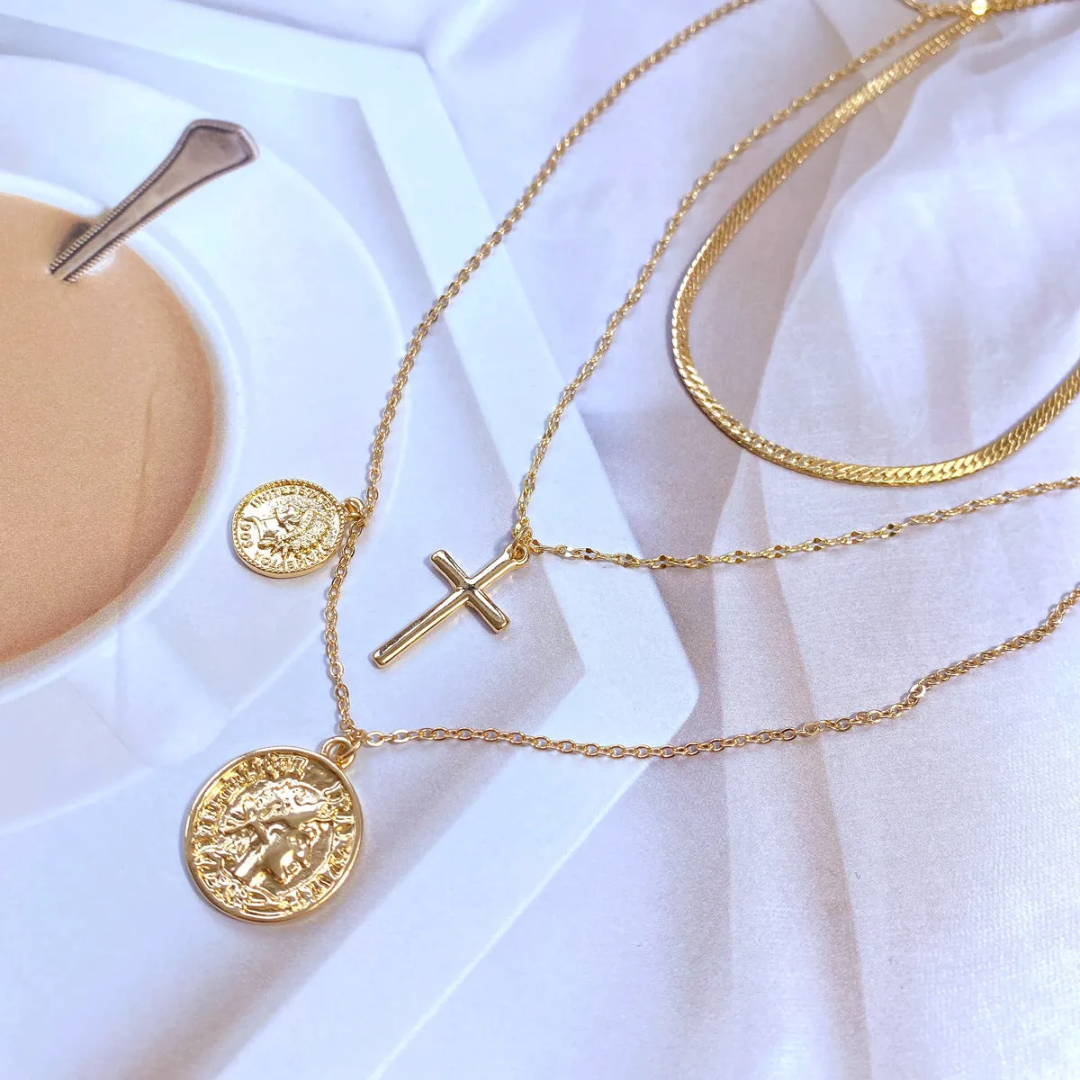 Simple Fashion Necklace Multi-Layer Twin Coin Avatar Cross Multi-Element T-shirt Necklace Neck Accessories