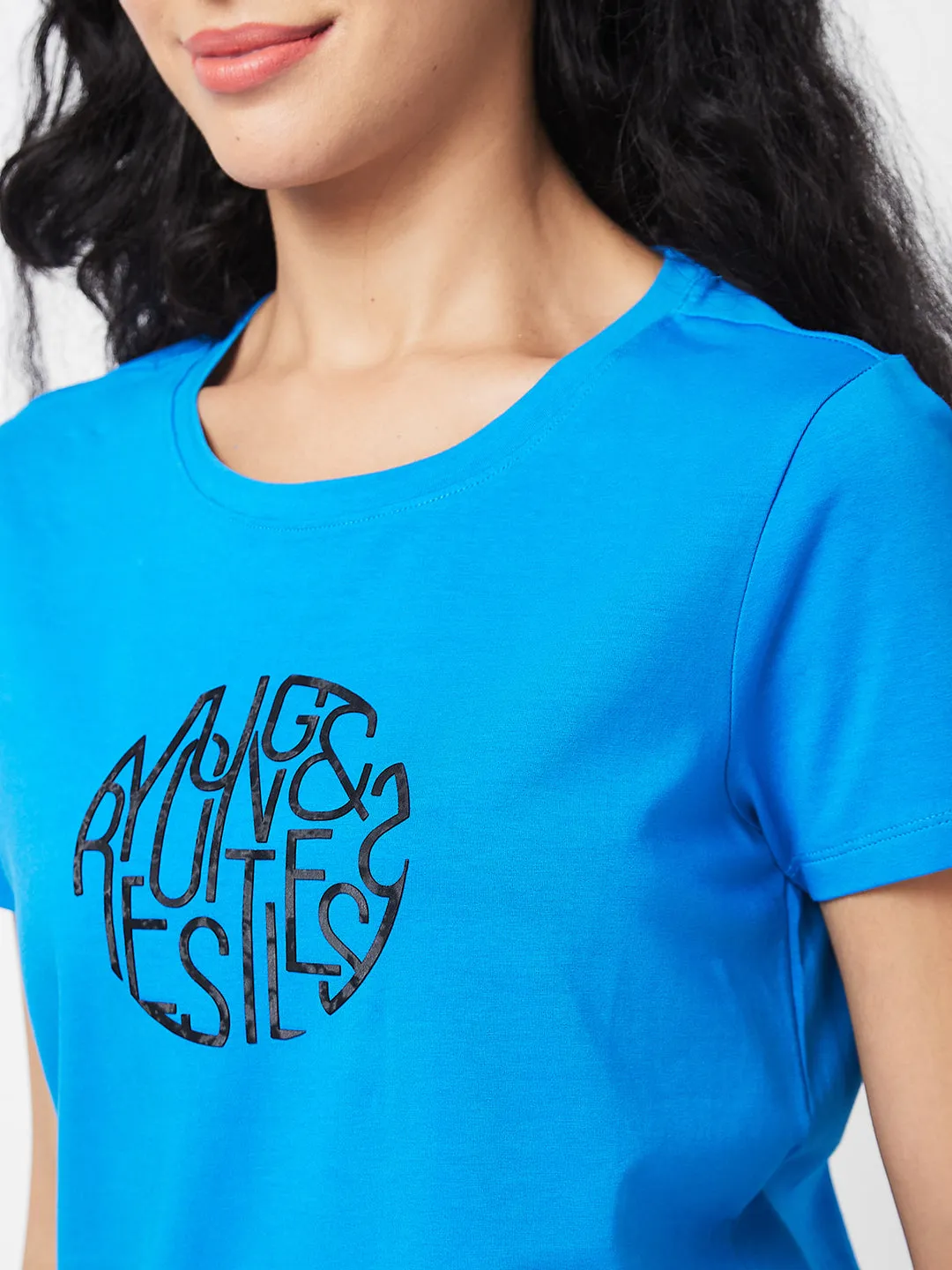Spykar Round Neck Half Sleeves Blue T-shirt  For Women