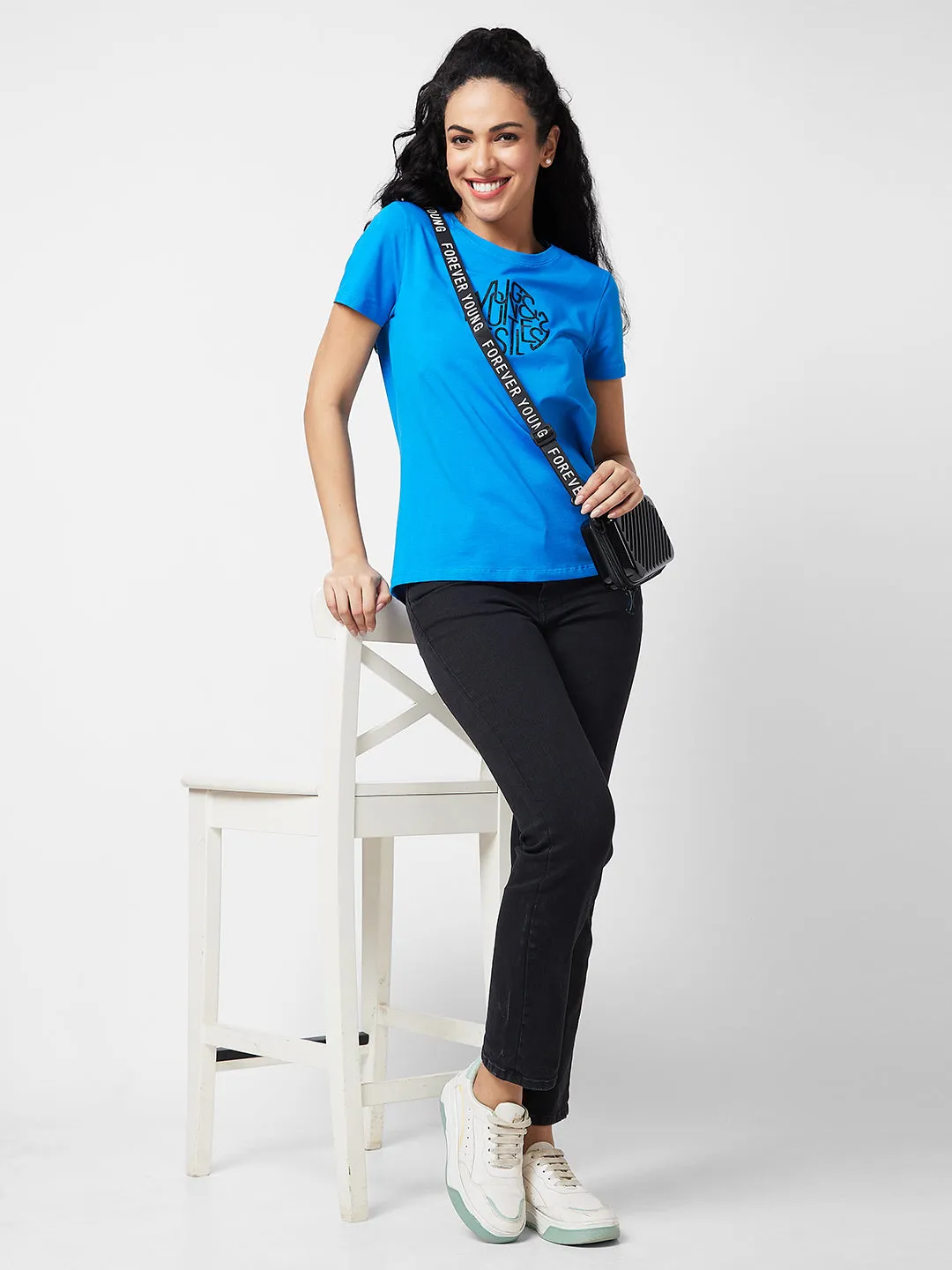 Spykar Round Neck Half Sleeves Blue T-shirt  For Women