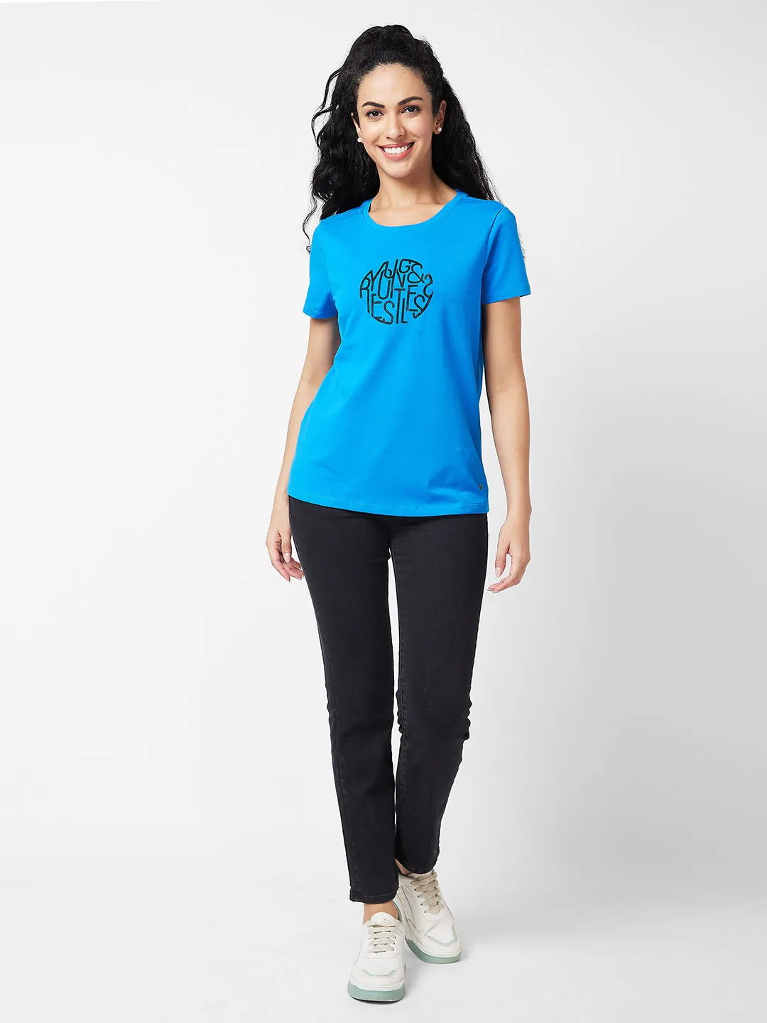 Spykar Round Neck Half Sleeves Blue T-shirt  For Women