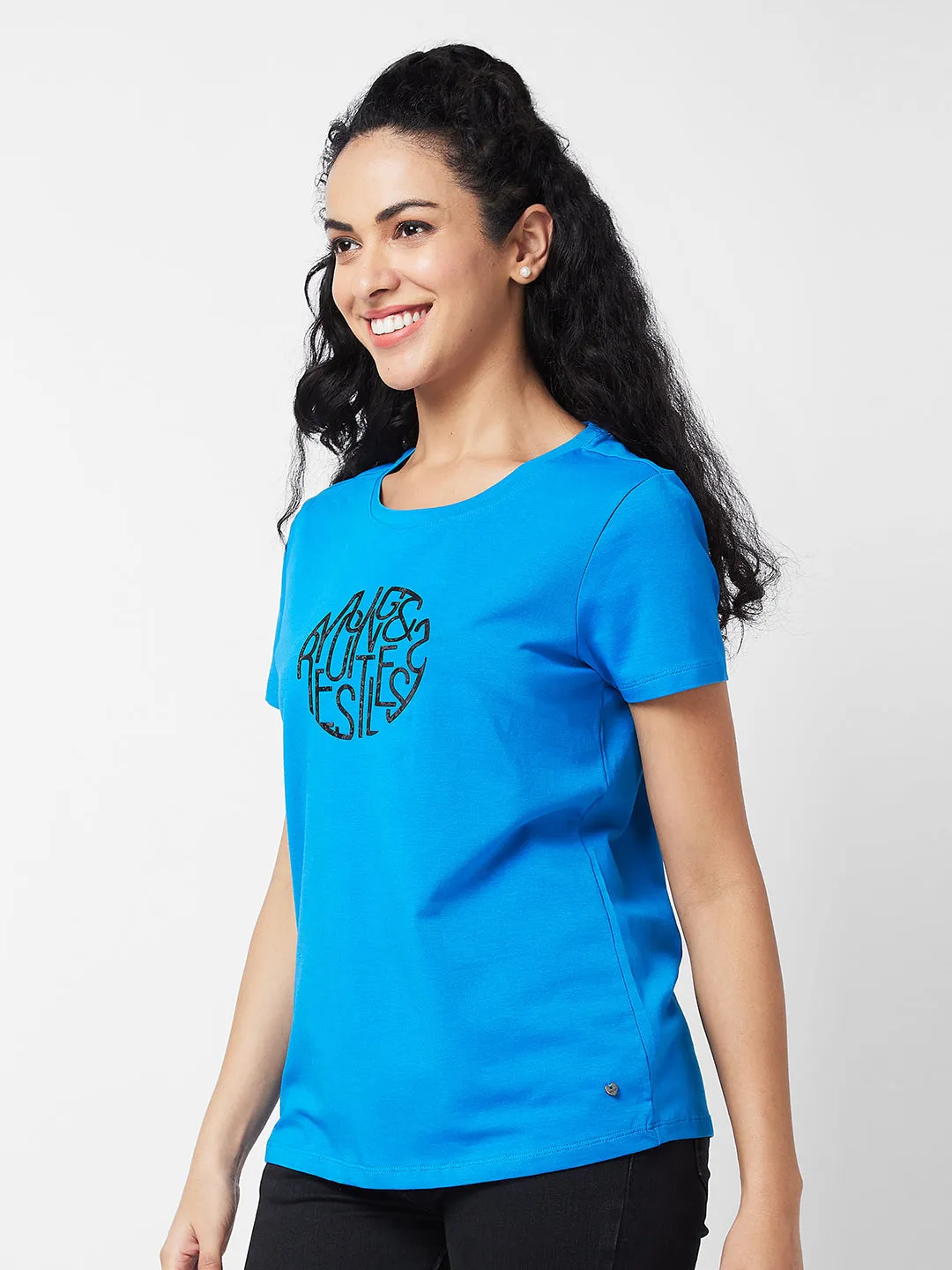 Spykar Round Neck Half Sleeves Blue T-shirt  For Women