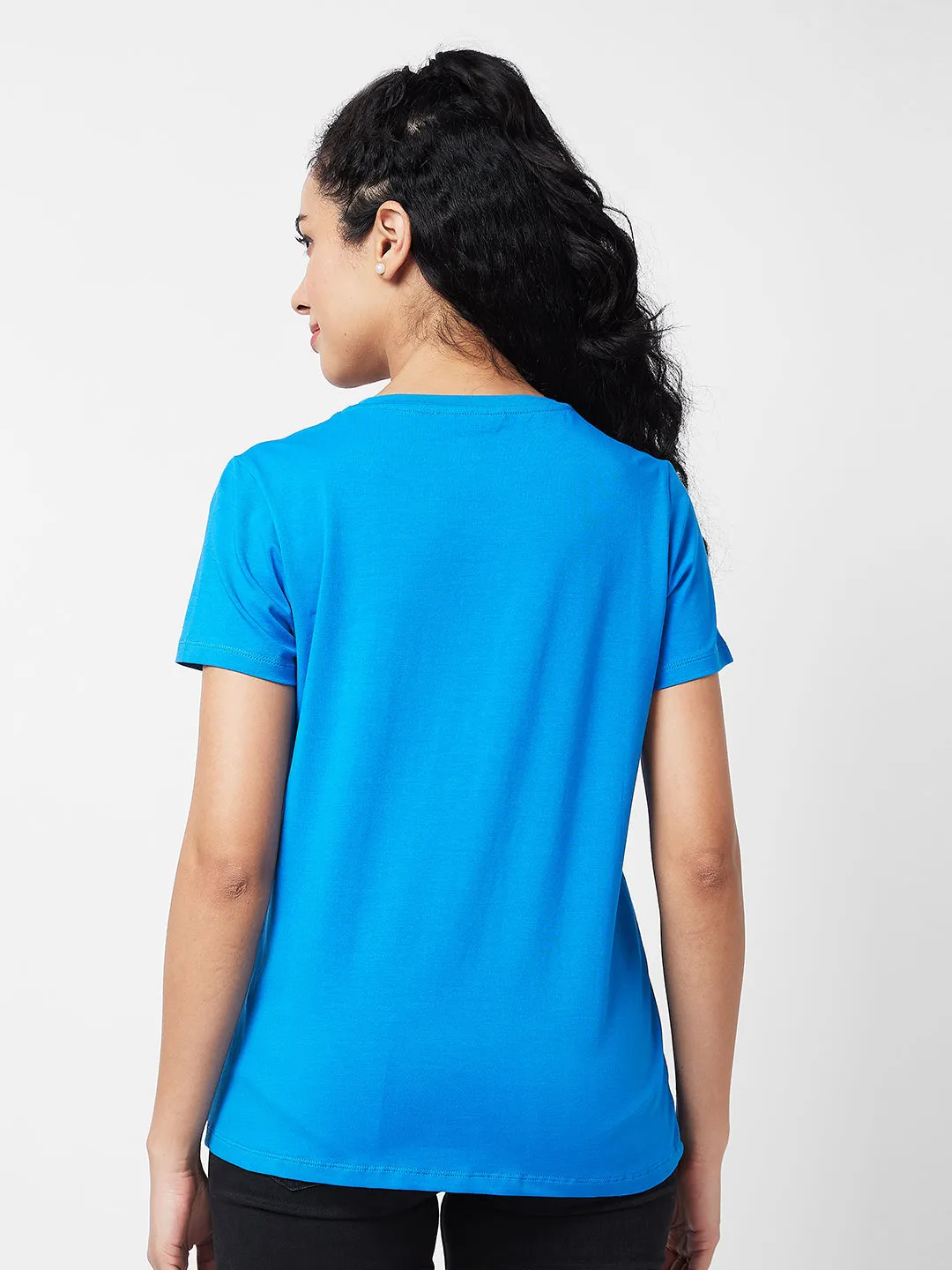 Spykar Round Neck Half Sleeves Blue T-shirt  For Women