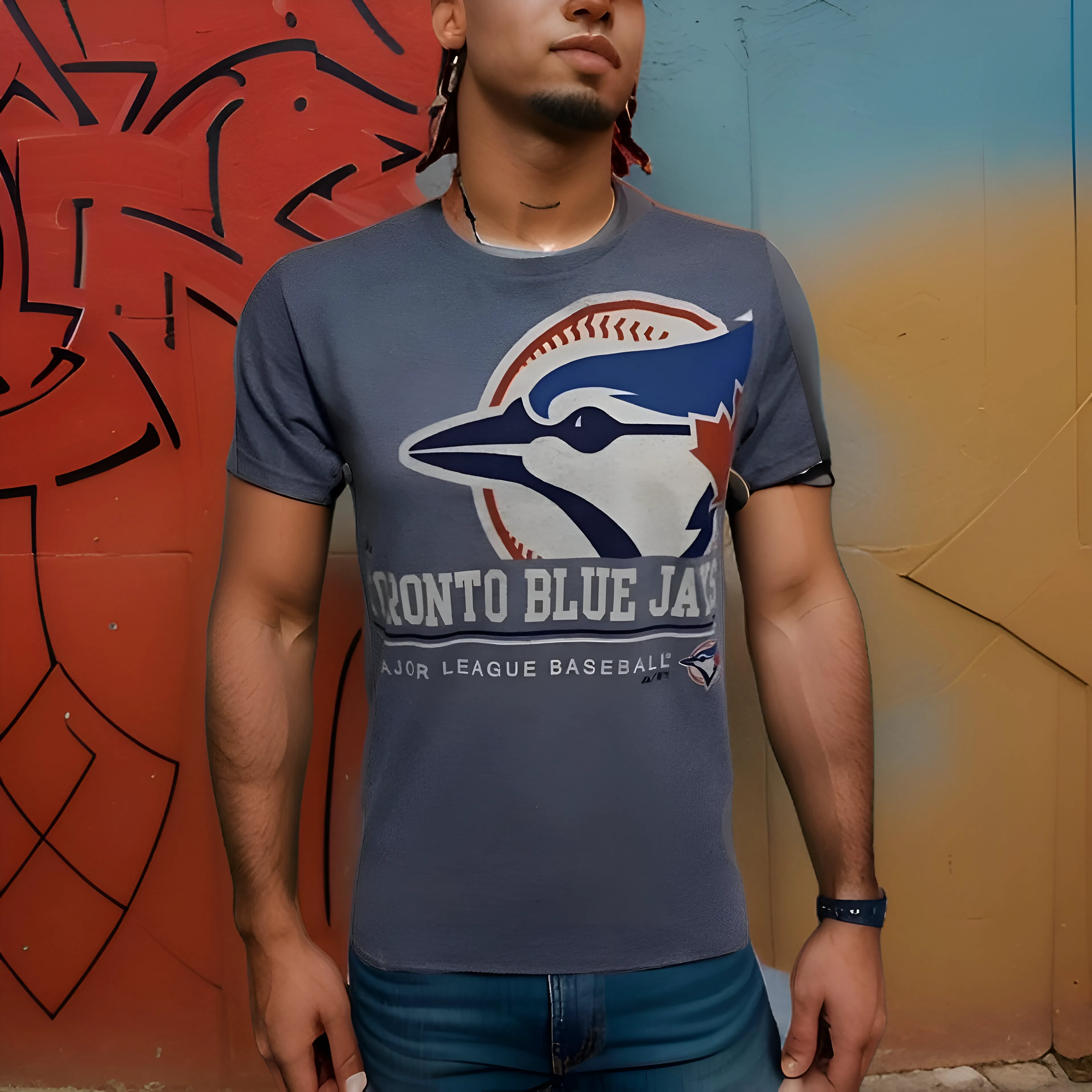 ^TORONTO BLUE JAYS^ SHORT SLEEP T-SHIRTS (BY MAJESTIC) (DISTRESSED LOGO)