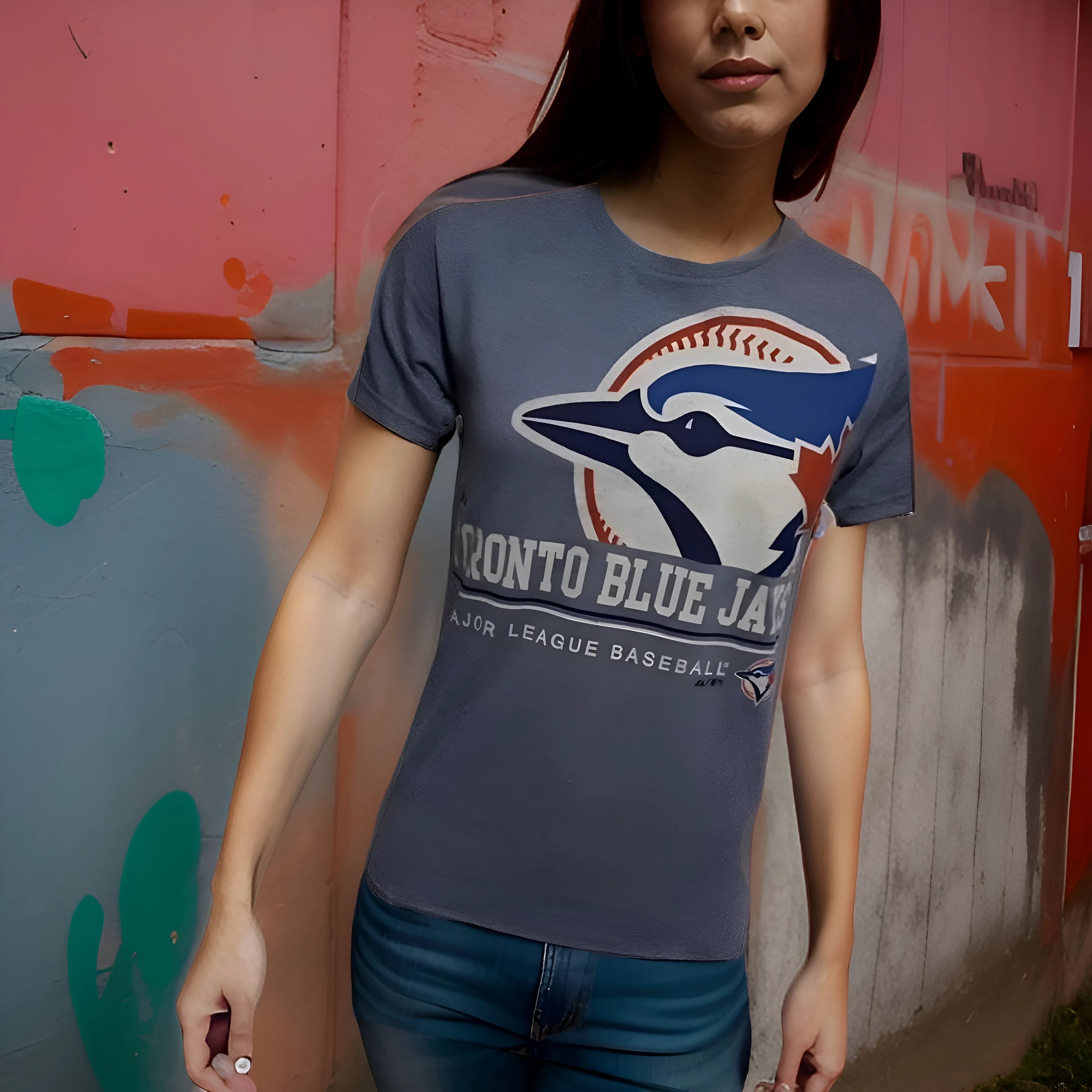 ^TORONTO BLUE JAYS^ SHORT SLEEP T-SHIRTS (BY MAJESTIC) (DISTRESSED LOGO)