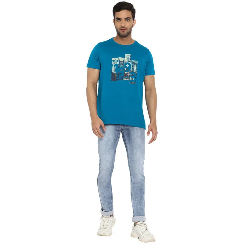 Turtle Essentials Blue Printed Round Neck T-Shirts for Men