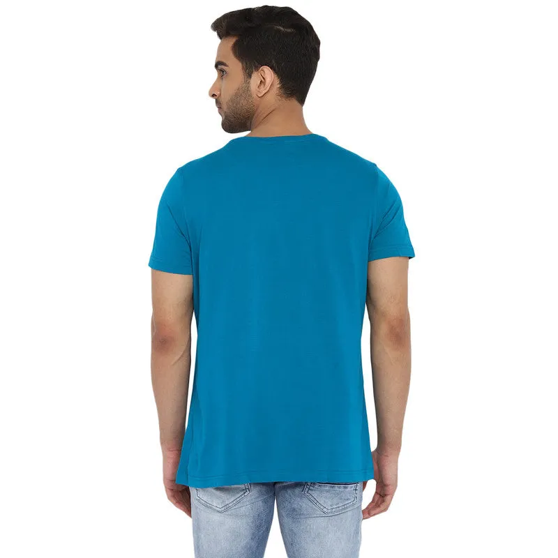 Turtle Essentials Blue Printed Round Neck T-Shirts for Men