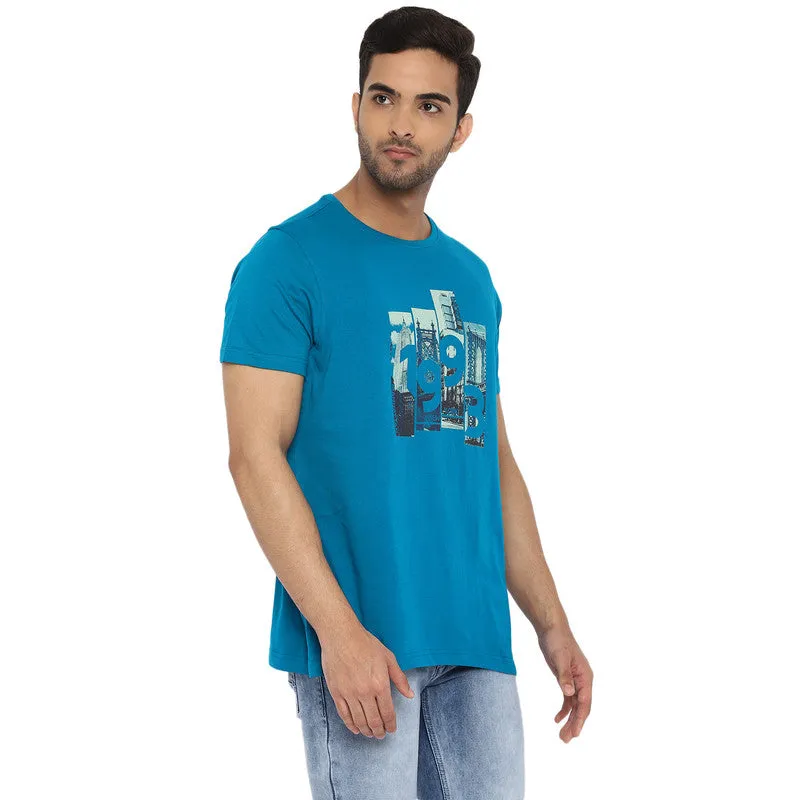 Turtle Essentials Blue Printed Round Neck T-Shirts for Men