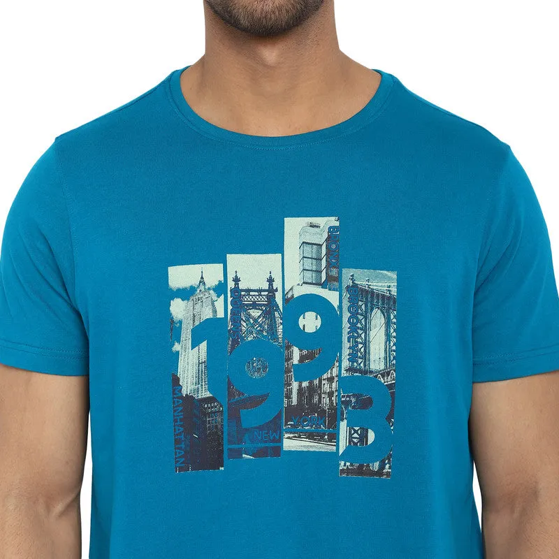 Turtle Essentials Blue Printed Round Neck T-Shirts for Men