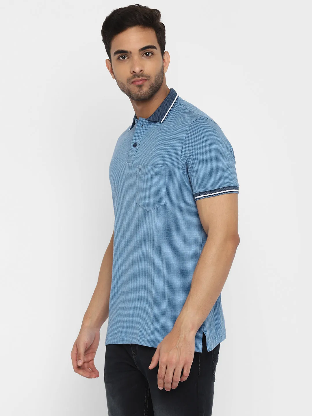 Turtle Men Blue Self Design Polo Neck T-Shirts