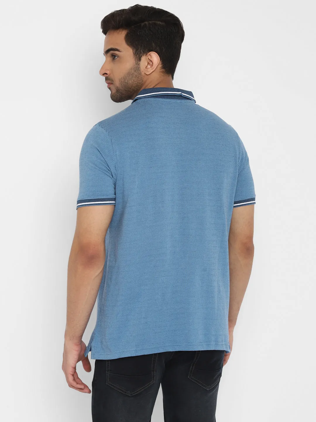 Turtle Men Blue Self Design Polo Neck T-Shirts